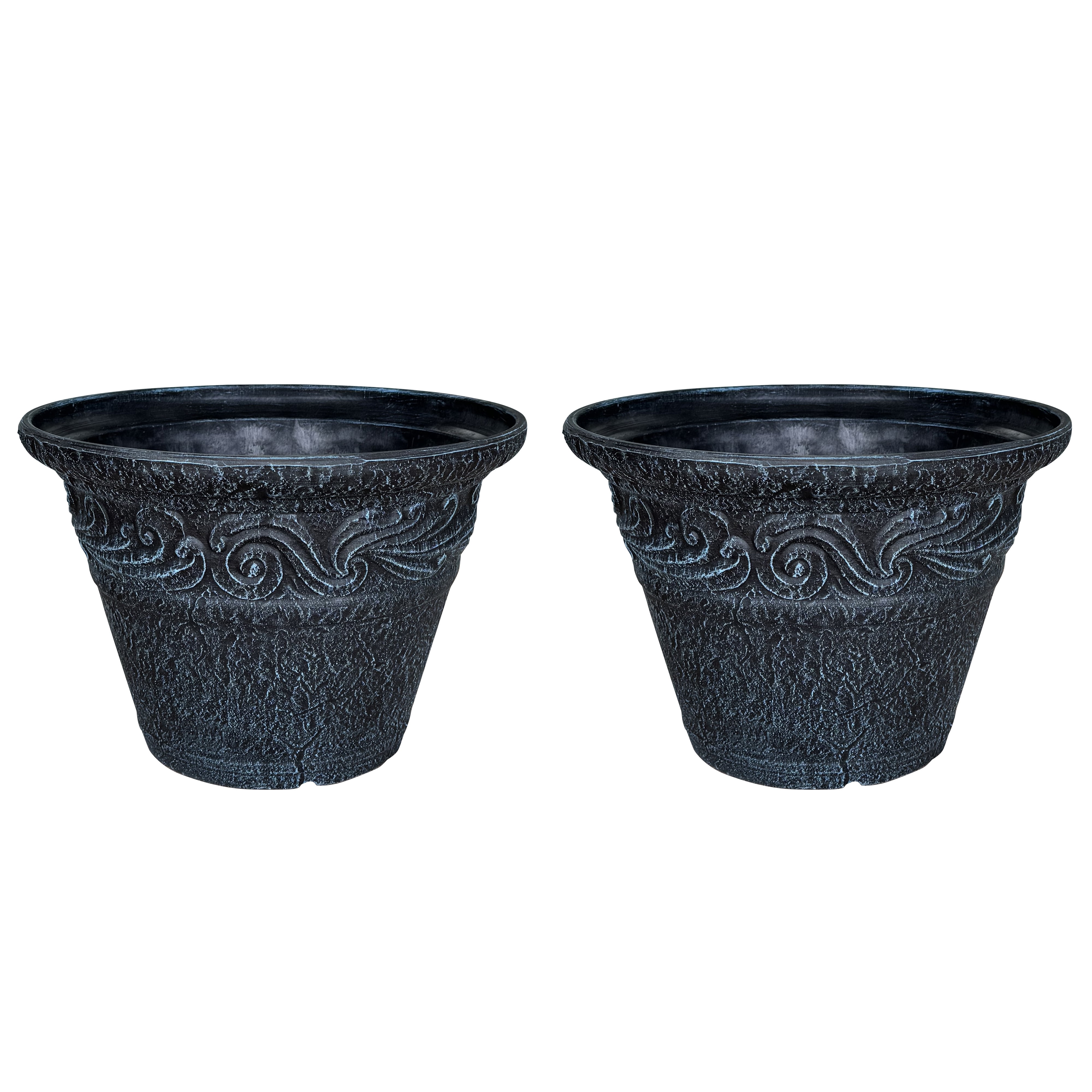 12 in. Dia Two-piece Set Of Classical Relief Flower Pots for Indoor/Outdoor Plants (Set of 2) in Dark Blue