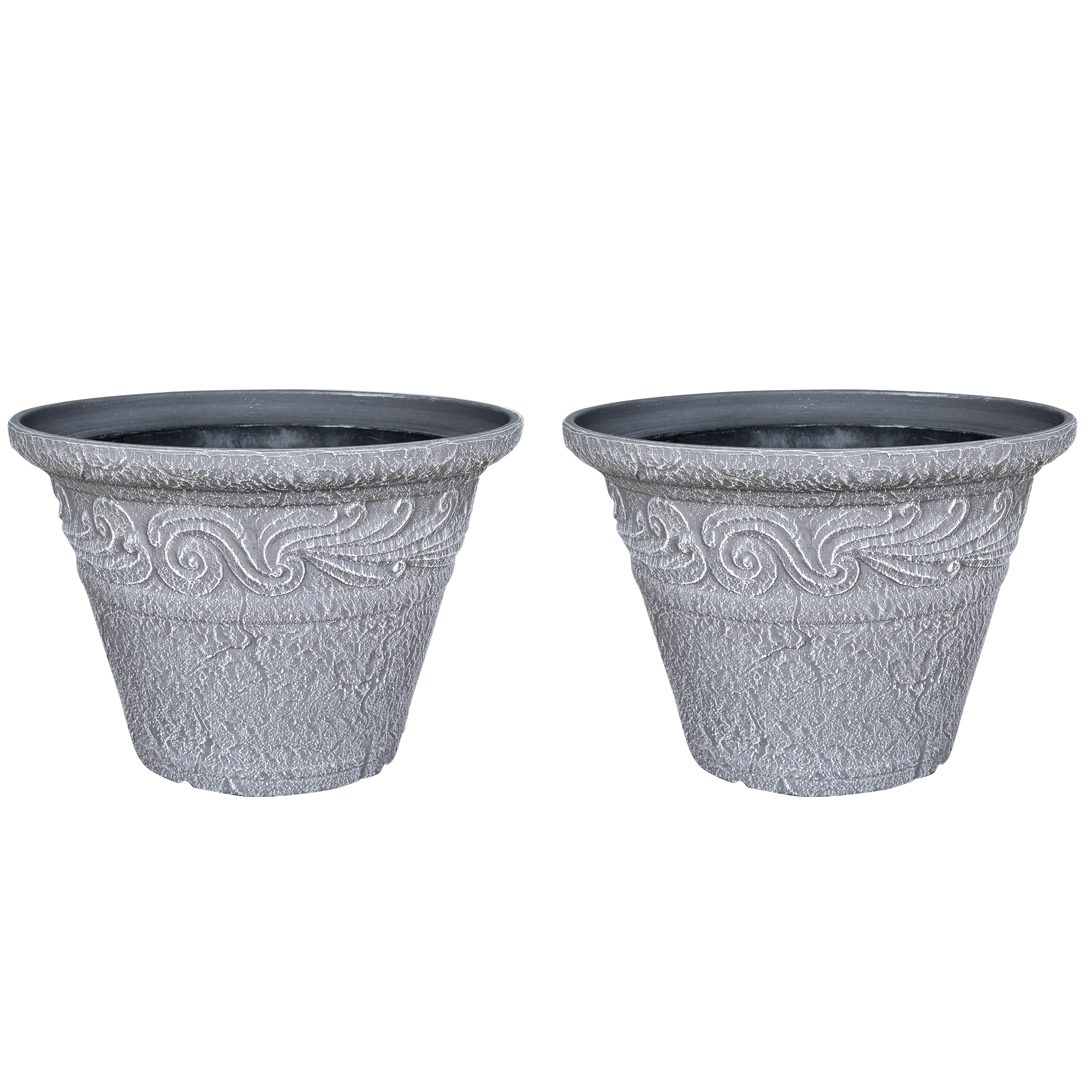 12 in. Dia Two-piece Set Of Classical Relief Flower Pots for Indoor/Outdoor Plants (Set of 2) in Light Gray