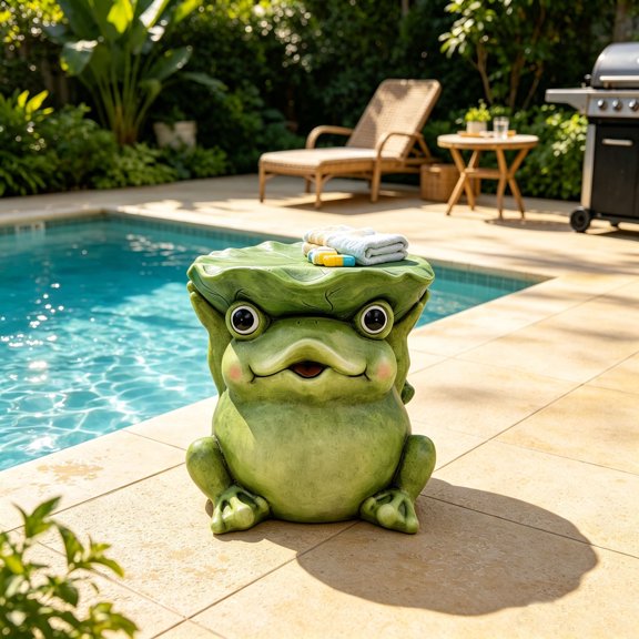 12 in. Moss Green Round End Table Cute Frog Statue w/Lotus Leaf Hat Side Table Ornament Center Table for Walkway