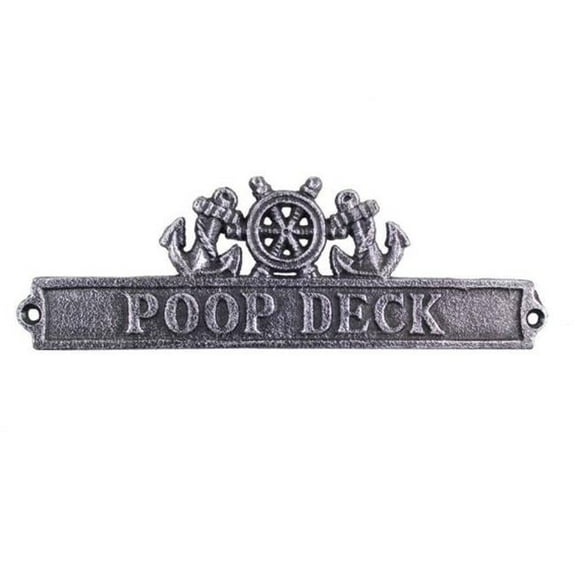 12 in. Poop Deck Sign with Ship Wheel & Anchors - Brass
