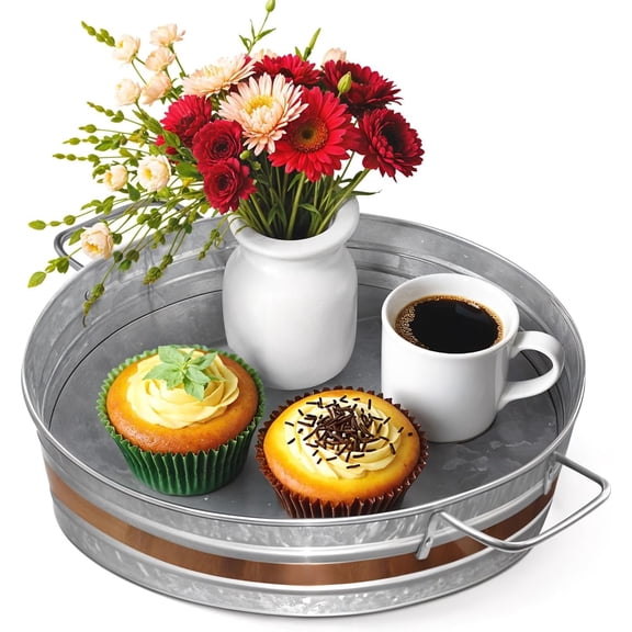 12 in Round Acid Pickling Galvanized Metal Serving Tray with Copper Trim and Handle
