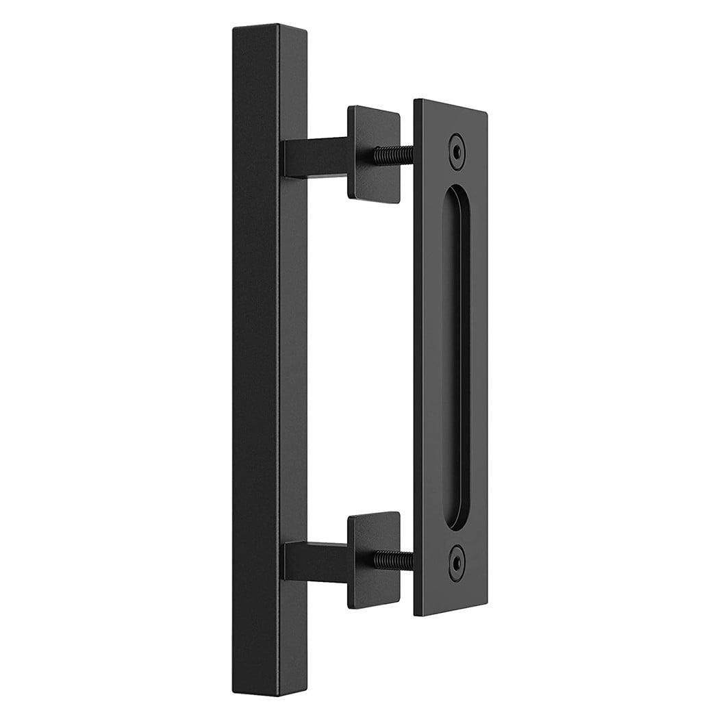 12 In Square Pull and Flush Door Handle Set Black Barn Door Hardware