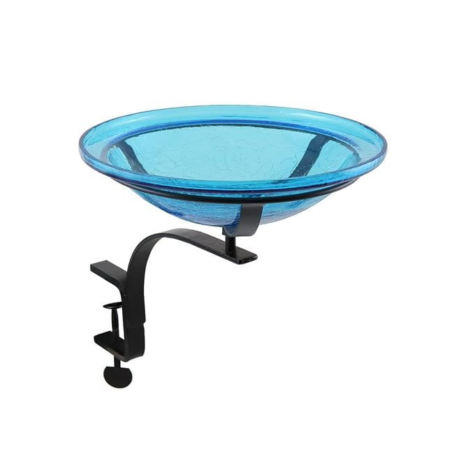 Teal Crackle Glass Birdbath Bowl with Wall Mount Bracket