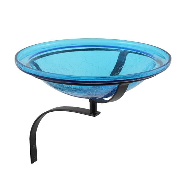 Teal Crackle Glass Birdbath Bowl with Wall Mount Bracket