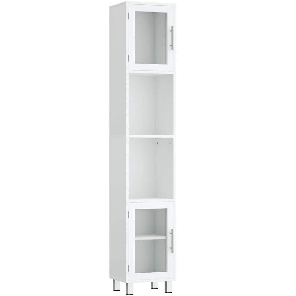 White Tall Freestanding Cabinet with Glass Doors and Shelves