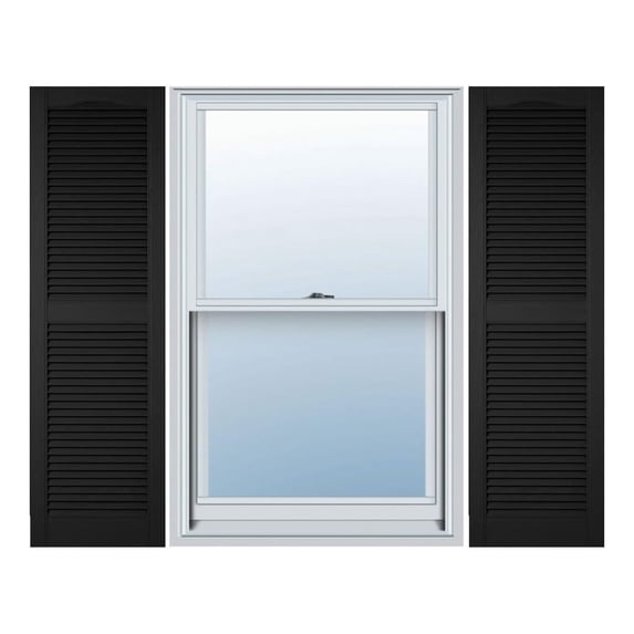 12 in. W x 36 in. H , Standard Cathedral Top Center Mullion, Open Louver Shutters, Includes Matching Installation Spikes (Per Pair), 002 - Black