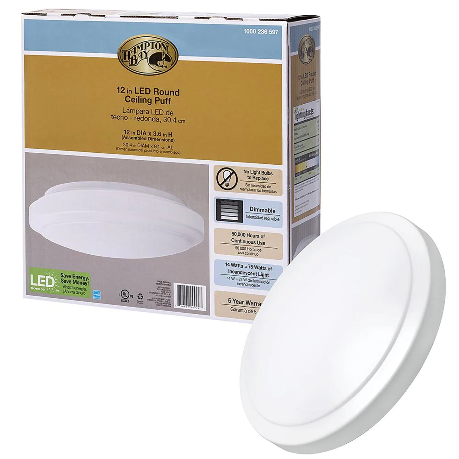 Crystal Bright 12" White Round LED Flush Mount Light, 1000 Lumens