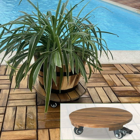 12 in. x 12 in. Round Wood Plant Caddy with Wheels Heavy-Duty, for Indoor Outdoor Patio Flower Pot, Diameter 12 in., Brown