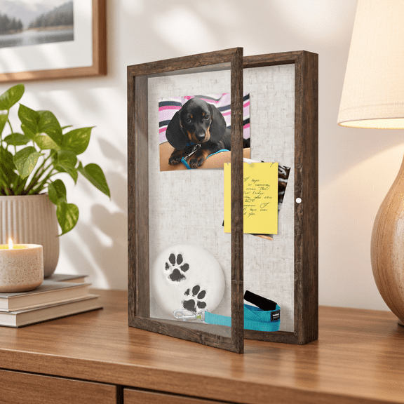 12 in x 18 in Wood-Grain Brown Deep Shadow Box Frame with Linen Board and Tempered Glass Door