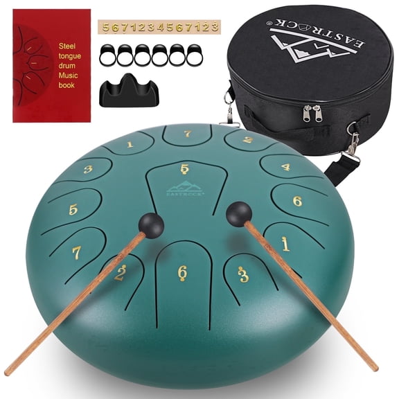 EASTROCK 12-Inch Steel Tongue Drum - 13-Note C Key Handpan with Bag, Mallets & Songbook for Meditation & Yoga&Party (Green)