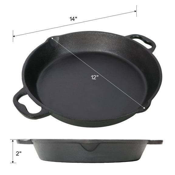 Pre coated cast iron frying pan, cast iron flat bottomed pan, dual auxiliary handle, suitable for safe cooking in barbecue, stove, induction cooker, and oven 12/17 inches