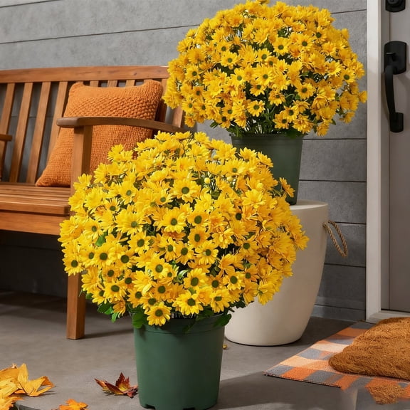 12 inch 20PCS Artificial Fall Potted Mum Plant Faux Floral Arrangement for Front Porch Indoor Home Autumn Harvest Decor Yellow