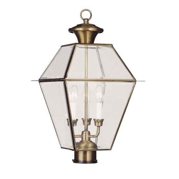 12 inch 3 Light Antique Brass Outdoor Post Lantern Pendant Lighting Fixture with Clear Beveled Glass Shade backed with Hand Crafted Solid Brass material for patio, front porch, entryway and more