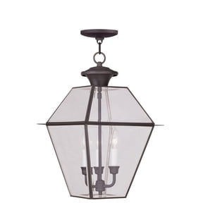 12 inch 3 Light Bronze Outdoor Chain Lantern Pendant Lighting Fixture with Clear Beveled Glass Shade backed with Hand Crafted Solid Brass material for patio, front porch, entryway and more