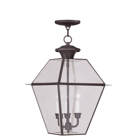 12 inch 3 Light Bronze Outdoor Chain Lantern Pendant Lighting Fixture with Clear Beveled Glass Shade backed with Hand Crafted Solid Brass material for patio, front porch, entryway and more