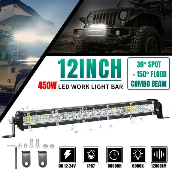 12" inch 450W LED Work Light Bar Combo Spot Flood Driving Off Road SUV Boat ATV