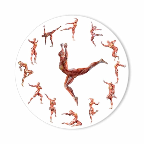 12 inch Anatomical Female Human Muscle Figure 3D Muscular Body Wall Clock Dancing Yoga Pose Silent Non Ticking Analog Wall Clock Novelty Anatomy Art Decor for Gym Studio Medical Student Gift