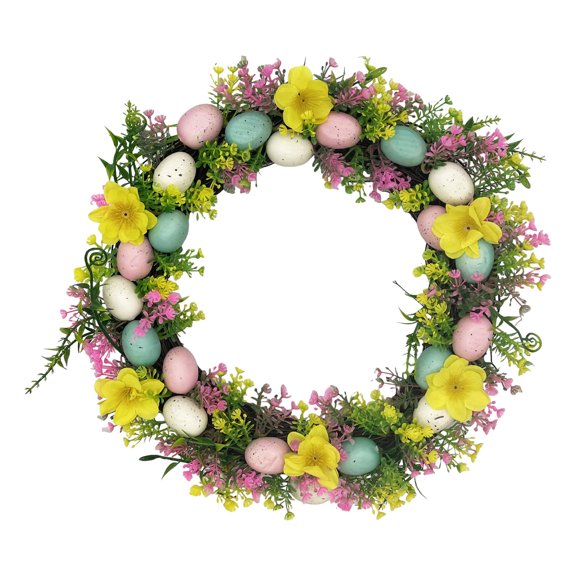 12 inch Artificial Easter Wreath with Colored Egg and Mixed Twigs Spring Wreath for Front Door with Easter Decorations - Pink