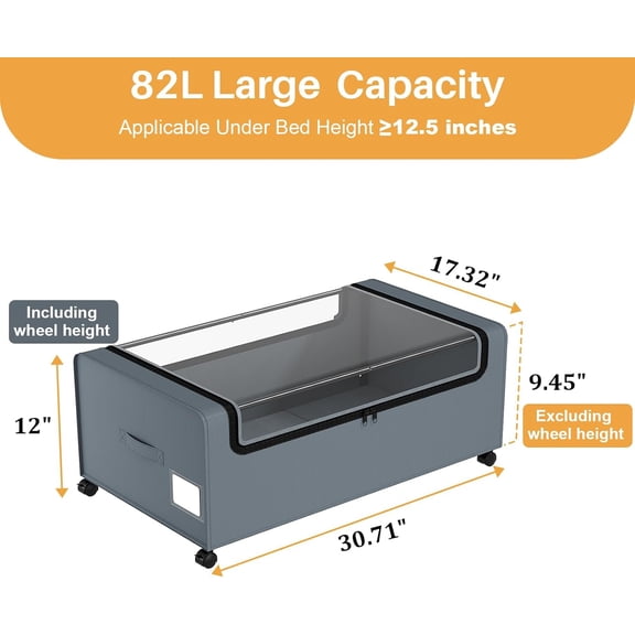 12 inch Under the Bed Storage Bins with Clear Lid, Under Bed Storage Containers with Wheels for Underneath Small Spaces Dorms, Blankets (2 Pack, Grey, 30.7"x17.3"x12")