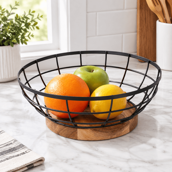 12-inch Black Wire Fruit Basket with Wood Base for Countertop Storage