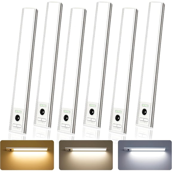12-inch Under Cabinet Lighting Wireless with Battery Indicator, 2500mAh Recharable Motion Sensor Light Indoor, 96 LED Under Counter Lights for Kitchen Closet, 3 Color Temps, Dimmable, 6 Pack