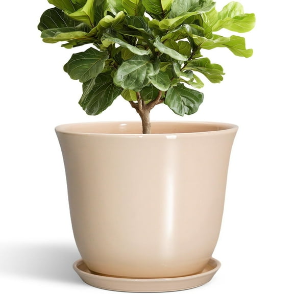12 inch Ceramic Plant Pot, Extra Large Round Flower Pot with Saucer, Elegant Pot for Tall Plants, for Natural Home Decor, Beige