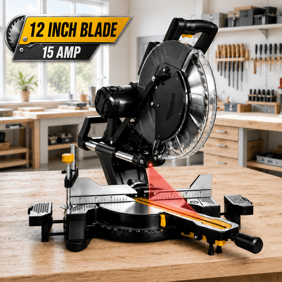 12-inch Compound Miter Saw, 4200RPM, 15 Amp, double Bevel 0-45 with Extension Table, 40T Blade, Power Saw for Metal, Plastic, Wood, Laminates