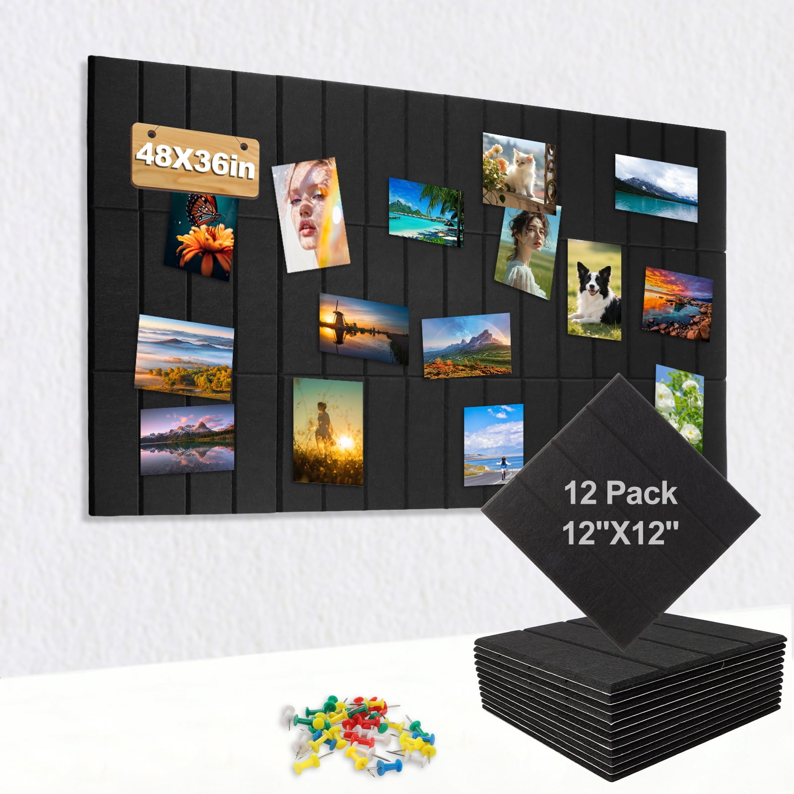 12-inch Cork Board, 12-Piece Self-Adhesive Felt Bulletin Board Tiles, Office & Home Decor Message Board, Sound-Absorbing Cork Panel Effectively Reduces Echo & Noise, Black