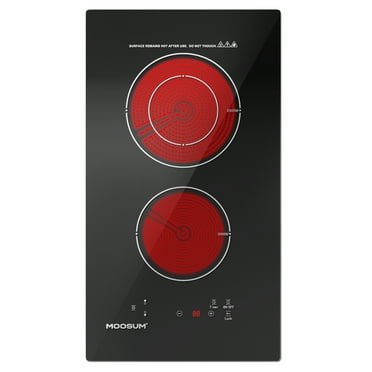 MOOSUM 12-inch Electric Cooktop with 2 Burners - 9 Power Levels, Rapid Even Heating for Frying/Boiling, Ceramic Glass Surface, Child Safety Lock, 220-240V (No Plug)