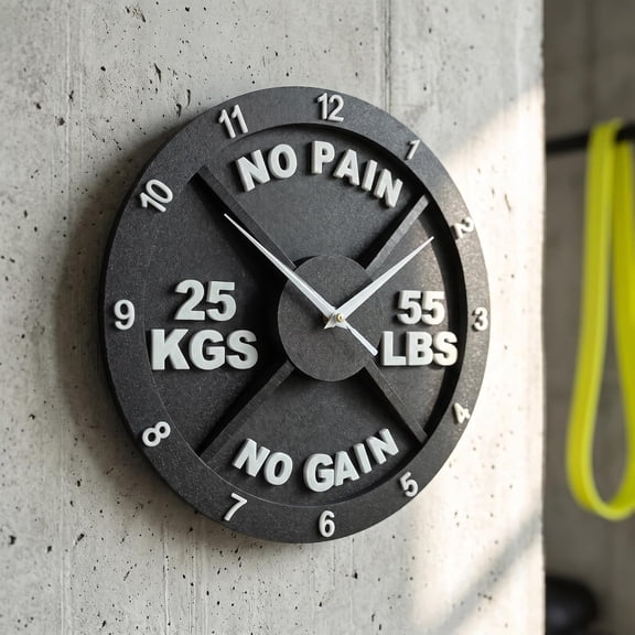 12 inch Fiteness Gym 3D Wall Clock No Pain No Gain Weight Plate Design Silent NonTicking Quartz Wall Clock Battery Operated for Home Workout Room Bodybuilding Fitness Enthusiasts Gift