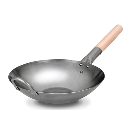 12-inch Flat Bottom Carbon Steel Wok with Wooden and Helper Handle