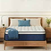 GREOO Full Size 12 inch Hybrid Firm Gel Memory Foam Mattress with Reinforced Edge, Pocketed Springs, Pressure Relief, Mattress in a Box, Blue and White