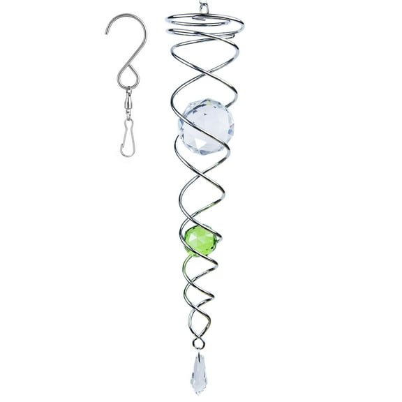 12 inch Gazing Ball Spiral Tail, Prefdo Stainless Steel Wind Spinner Stabilizer with 2 Glass Balls Prism and Hanging Swivel Hook for Outdoor Yard Garden Decoration(Green)