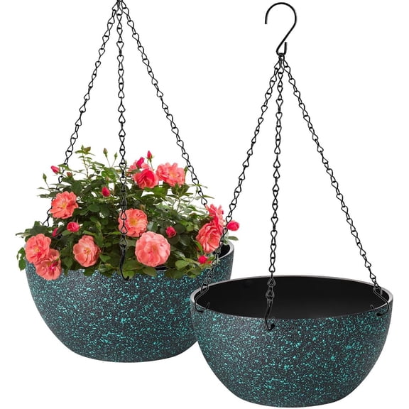 12 inch Hanging Planters for Indoor Plants, 2 Pack Planters for Outdoor Plants with Drainage Holes and Chain, Round Plastic Hanging Baskets, Hanging Flower Pots for Balcony Garden Decor-Black Speckle