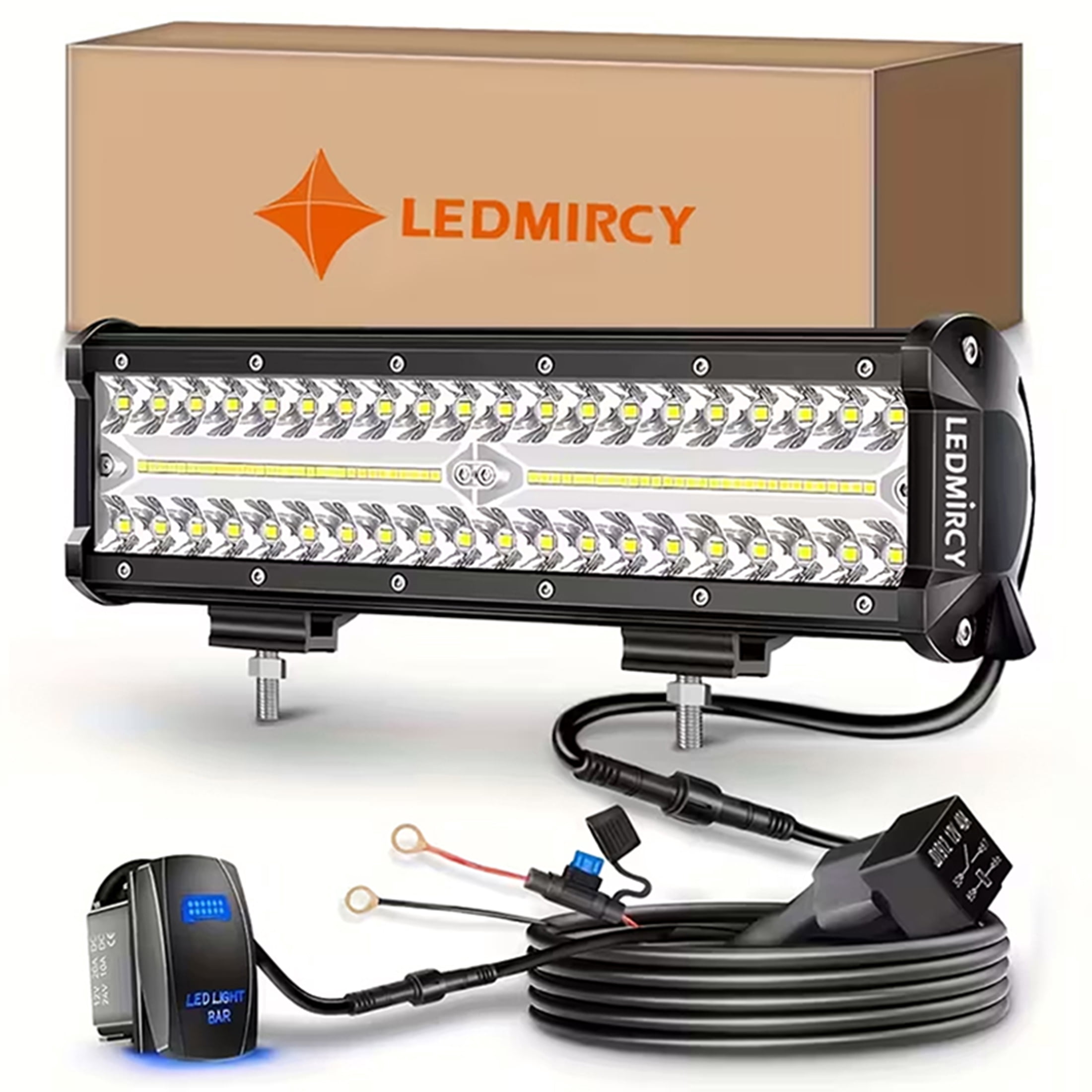 12 inch LED Light Bar Kit with 5 Pin Rocker Switch Wiring Harness Triple Row Flood Spot Combo Off Road Driving Fog Lights LED Bar Work Lights for Trucks UTV ATV Tractor Golf Cart Boat