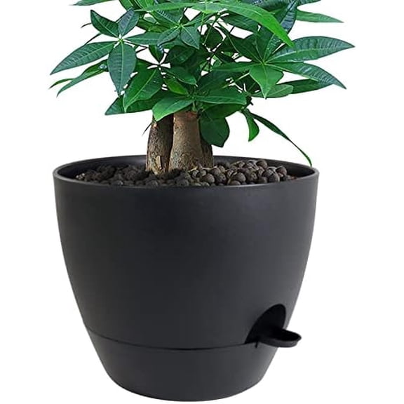 12 inch Large Self Watering Pots, Plastic Planters with 60oZ Removable Deep Reservoir and Multi Mesh Drainage Holes for Indoor Outdoor Garden Plants and Flowers, Black