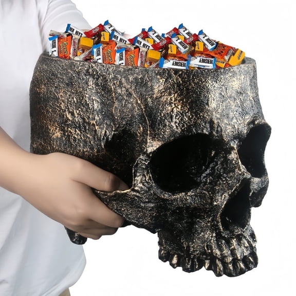 12 inch Large Skull Candy Bowl - Extra Big Resin Head Halloween Candy Dish for Trick or Treat, Indoor Outdoor Party Table Centerpiece Decor