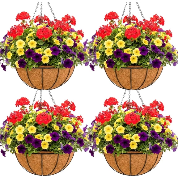 12 inch Metal Hanging Baskets For Plants Outdoor 4 Pack Round Metal Wire Hanging Basket Planter with Coco Fiber Liners Chain Round Wire Plant Holder for Garden, Patio, Deck, Porch Plants Flower Potss