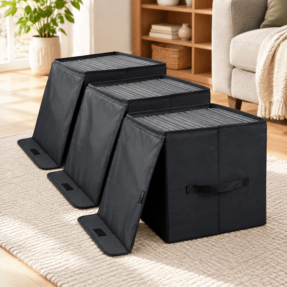 12 inch (Pack of 3) Black Nylon Vinyl Record Storage Crate Holds Up To 90 Albums