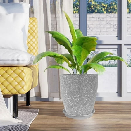 12 inch Round Planter for Garden with Drainage, Lightweight & Extremely Durable, Deck Indoor/Outdoor Plastic Succulents Pot, Gray