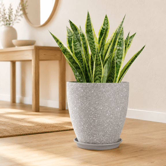 12 inch Round Planter for Garden with Drainage, Lightweight & Extremely Durable, Deck Indoor/Outdoor Plastic Succulents Pot, Gray