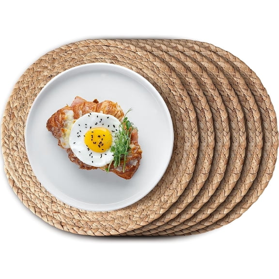 12 inch Round Woven Placemats Set of 6, Boho Rattan Place Mats, Natural Water Hyacinth Table Placemats, Farmhouse Weave Table Mats, Rustic Braided Wicker Charger Plates for Dining Table Decor