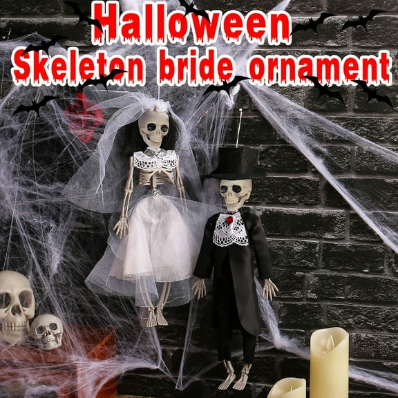 12 inch Spooky Skeleton Bride and Groom Wedding Couple Statue Hanging Ornament Skeleton Couple Figurine Wedding Cake Topper for Halloween Party Decorations or Scary Gothic Décor Figurines (Groom)
