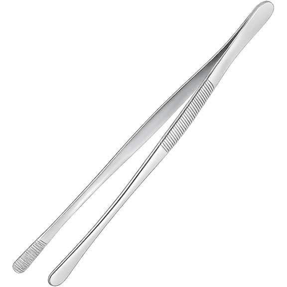 12-inch Stainless Steel Cooking Tongs & Tweezers, Non-Slip Grip & Serrated Tips for Grilling, Baking, Garnishing, BBQ, Kitchen & Craft Use (Round Tip)