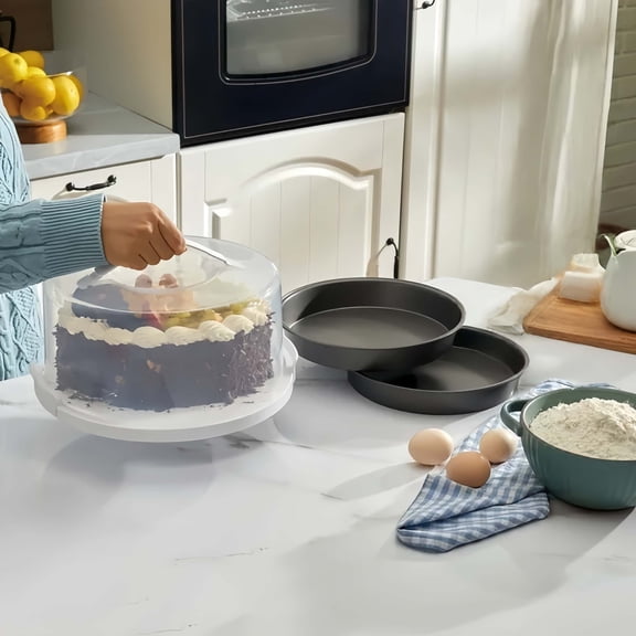 12-inch Transparent Cake Box, Cake Display Box, Equipped with 2 9-inch Gray Round Baking Pans, Made of Carbon Steel, with Handles, Suitable for Cake Shops and Restaurants