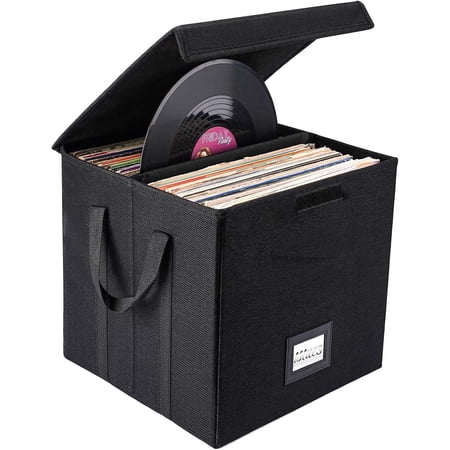 Maphissus 12 inch Vinyl Record Storage Box with Lid ,Collapsible Crate & LP Album Storage Black