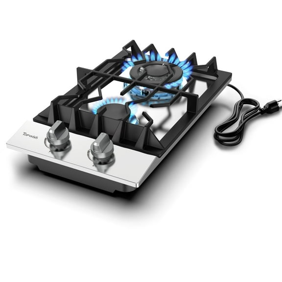 TOPWISH 12" Built-In Gas Cooktop, 2 Burners, 18,000 BTU, NG/LP Convertible, 304 Stainless Steel, Thermocouple Protection