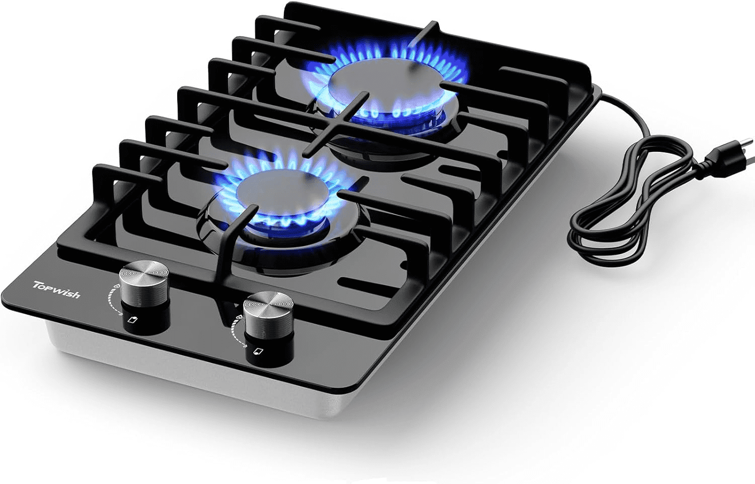 TOPWISH 12" 2-Burner Built-In Gas Cooktop, Black Tempered Glass, 18,000 BTU, NG/LP Convertible, Flame-Out Protection