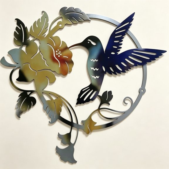12 inch yellow blue metal mural, circular hummingbird floral pattern, multi-color gradient home garden terrace indoor and outdoor wall decoration