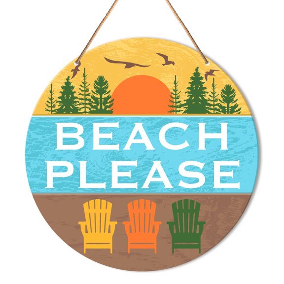 12 inches Beach House Sign Wall Decor, Summer Beach Hanging Sign Decor Farmhouse Wall Decorations Wood Sign for Front Door, Patio, Porch, Housewarming Gift for Beach House Home, Beach Please